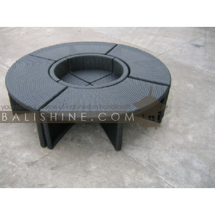 Balishine: Your natural source of indonesian handicraft presents in its Outdoor collection the Set tea time:26MNF6033:This set of four tables and four chairs is produced in Indonesia and made from aluminium with synthetique rottan finishing.  Please contact us for available color